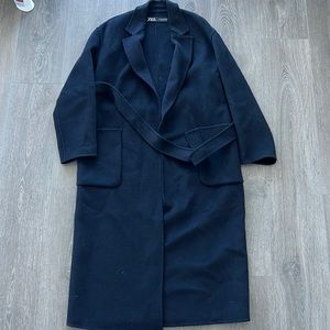Zara Navy Long wool wrap coat